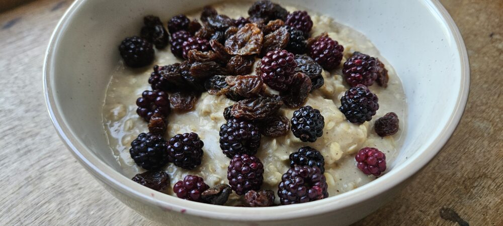 Bol de porridge aux mûres et aux raisins secs
